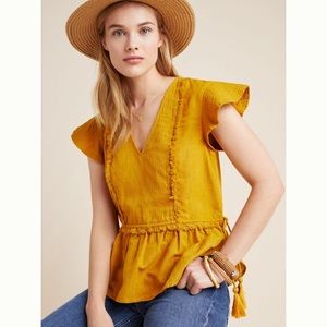 Anthropologie yellow/golden linen peplum top!